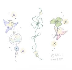 four different colored drawings of flowers and birds