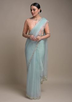 Sky Blue Saree, Sarees For Girls, Kalki Fashion, Peach Blouse, Indian Saree Blouses Designs, Saree Blouse Patterns, Saree Designs Party Wear, Traditional Indian Outfits, Designer Saree Blouse Patterns