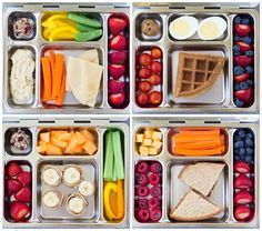 four lunch boxes filled with different types of food including fruit, vegetables and crackers