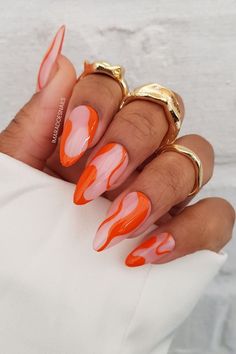 Summer nails | nail goals | nail inspiration | Orange ideas | Nails for summer | Long nails Grad Nails, Swirl Nail, Nails Application, Unghie Sfumate, Her Nails, White Nail, Press Ons, Cuticle Pusher, Orange Nails