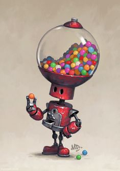 a painting of a gumball machine with lots of balls in it's mouth