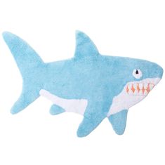 a blue stuffed shark with teeth on it's back