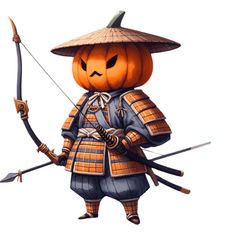 a pumpkin dressed as a samurai holding a bow and arrow in one hand while wearing an orange hat