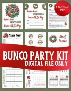 Instant Download Ready for your bunco party? Make it a Christmas theme with this Bunco All the Way kit. This digital kit includes four variations of scorecards, a welcome sign, blank invitations, table tally, table numbers, awards, and blank cards to use as you wish.  Size: 8 1/2" x 11" pdf file Recommended to print table numbers and awards on card stock.  Please note: No physical product will be shipped. This is a digital file.  Colors may vary slightly from what is shown due to different computer monitors. This purchase is for personal use only.  See our full range of prints at www.etsy.com/shop/PFFDesignsStore  Thank you for visiting our shop! We really appreciate your business and support!  Cheers & Have fun at your bunco party! Bunco Cards For 8 Tables, Christmas Printable, Dice Games, Digital Kit, Christmas Theme, Jingle Bells, Table Numbers