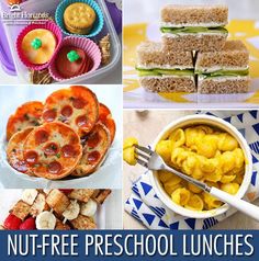 there are many different lunches and desserts in this collage with the words nut - free preschool lunches