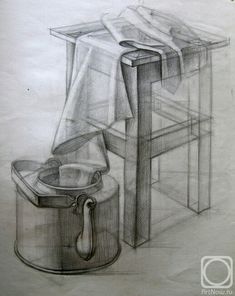 a pencil drawing of a chair and table