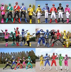 several photos of different types of people in costumes and helmets on the same side of the street