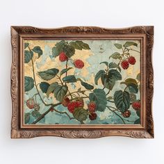 a painting hanging on the wall with leaves and berries