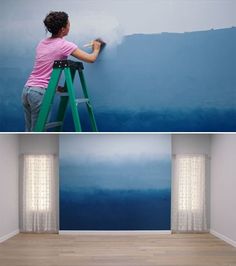 two pictures of a woman on a ladder painting a wall with blue and white paint