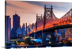 the city skyline is lit up at night as seen from across the water with an illuminated bridge in the foreground