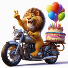 a lion riding on the back of a motorcycle with a birthday cake