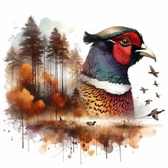 a painting of a pheasant with trees in the background and birds flying around