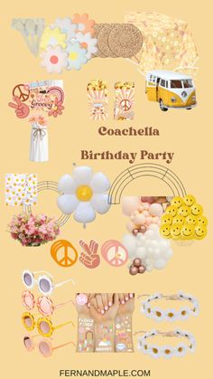 a bunch of different items that are on top of a yellow background with the words coachella