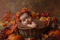 a baby sleeping in a basket surrounded by fall leaves