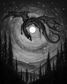 a black and white drawing of a dragon flying through the night sky with trees in the foreground