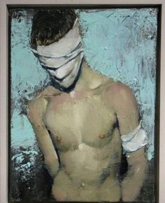 a painting of a shirtless man with bandages on his face and chest, in front of a blue background