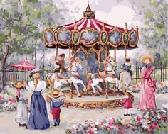 a painting of people standing around a merry go round