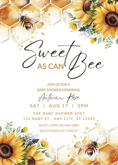 a baby shower is shown with sunflowers and bees