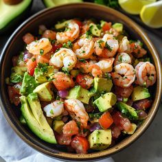 a bowl filled with shrimp, avocado and tomato salad next to sliced limes