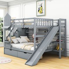 a child's bed with a slide on the bottom bunk