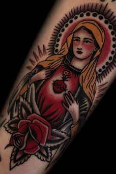 a woman with a rose tattoo on her arm is shown in red and yellow colors