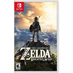 the legend of zelda breath of the wild on nintendo switch game console, in front of mountains and clouds