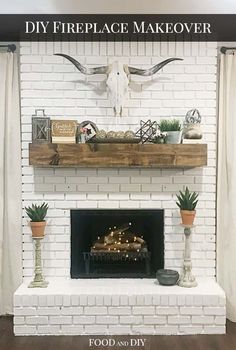 a white brick fireplace with some plants and other items on top of it, along with the words diy fireplace makeover food and diy