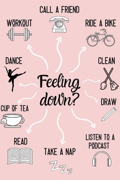 Mental health is SOO important. I have had my fair share of bad mental health days, weeks, and even months .When i'm feeling down, I try all of these things to help make myself feel better and more motivated!! Mental Health Day, Improve Mental Health, Feeling Down, Health Quotes, Emotional Health, Journal Prompts