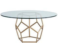 a round glass table with gold metal base and geometric design on the top, against a white background