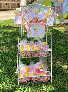 a stand that has some baskets on it in the grass with flowers and other items