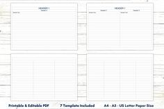 the printable planner is shown on top of a wooden table with white wood planks