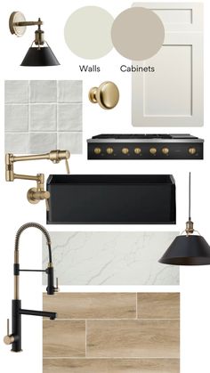 the interior design board for a kitchen with gold accents and white walls, black countertops,