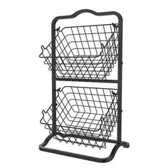 two tiered metal rack with baskets on each side and one shelf attached to the other