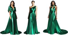 three different views of a woman in a green dress with one shoulder open and the other closed