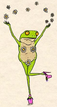 a drawing of a frog with flowers on it's back legs and feet in the air