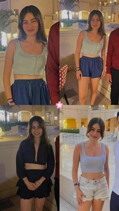 four different pictures of people in shorts and tank tops, one is smiling at the camera