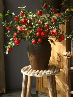 a potted plant sitting on top of a wooden stool