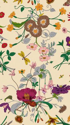 an image of a flower pattern on a wallpaper with many flowers and leaves all over it