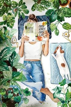 a woman reading a book surrounded by plants