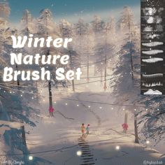 the winter nature brush set includes trees, snow, and people walking in the woods