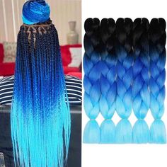 Blue Braiding Hair, Blue Hair Extensions, Afro Twist Braid, Ombre Braiding Hair, Braiding Hair Colors, Black Box Braids, Rainbow Braids, Two Braid Hairstyles, Afro Braids