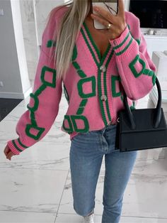 Temu discount code: taz72735 | afilliate code, links |  High Contrast Knit Cardigan, V-Neck Button Up Cardigan Sweater Winter Knit Sweater, Long Sleeve Knitted Cardigan, Pink Knit, Sleeves Clothing, Casual Cardigans, Button Cardigan