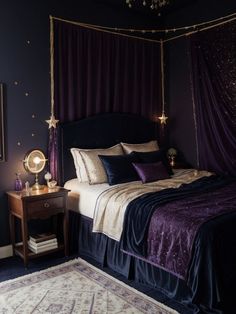 a bed with purple and gold decor in a bedroom