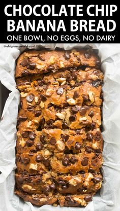 chocolate chip banana bread in a pan with text overlay