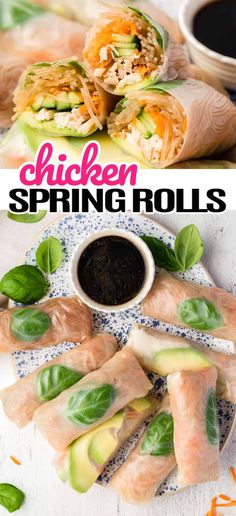 chicken spring rolls on a plate with dipping sauce in the middle and green leaves surrounding them