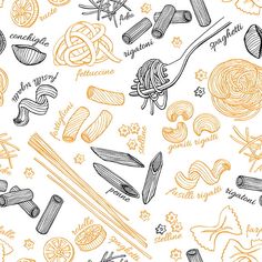 seamless pattern with pasta and noodles on white background stock photo - 957982