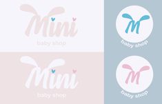 three logos for a baby shop with the letter m in blue, pink and white