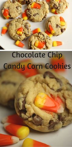 chocolate chip candy corn cookies on a white plate with candy corn in the middle and an image of pumpkins