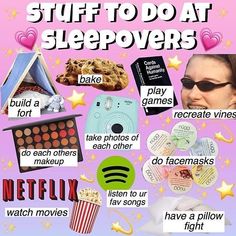 there are many things to do at sleepovers on this pink background with stars and text