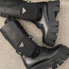 Prada Monolith Leather & Nylon Tall Combat Boots Very Good Condition No Box Included Missing Two Pouches Size Eur 36.5 Prada Combat Boots Outfit, Prada Monolith Chelsea Boots, Prada Monolith Combat Boots, Luxury Black Platform Combat Boots, Knee-high Leather Combat Boots With Lug Sole, Prada Boots With Pouch, Tall Combat Boots, Prada Shoes, Moto Boots